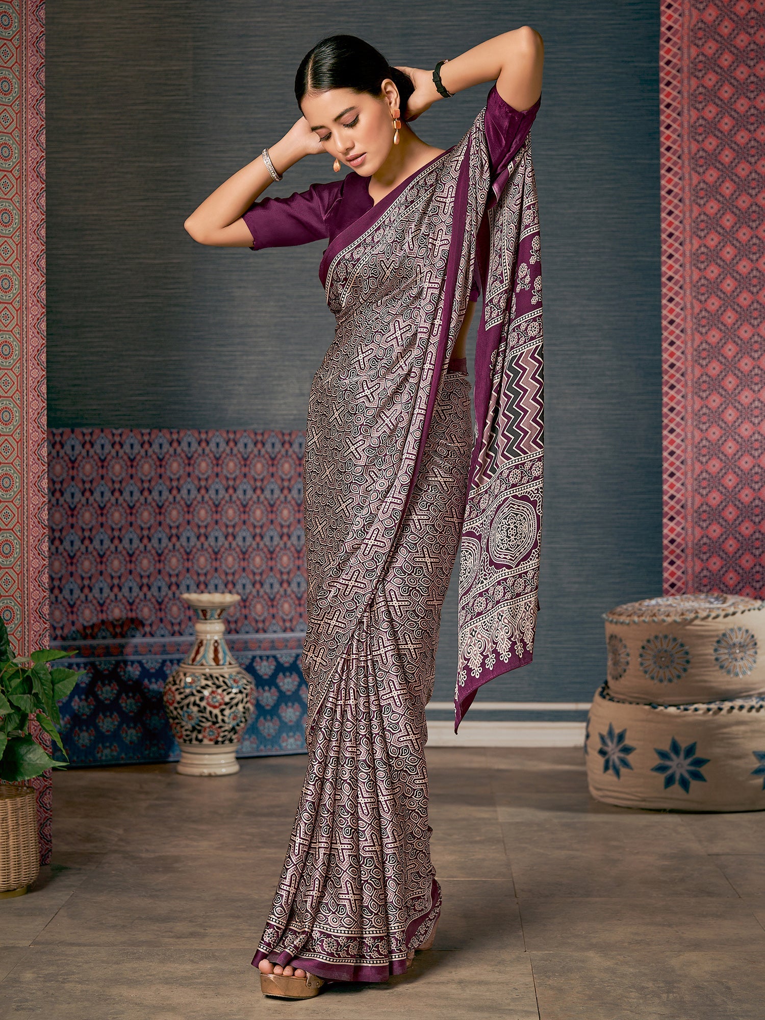 Beige Ajrakh Silk Saree with Wine Geometric Cross & Paisley Print, Grand Medallion Pallu & Wine Blouse - Ressa