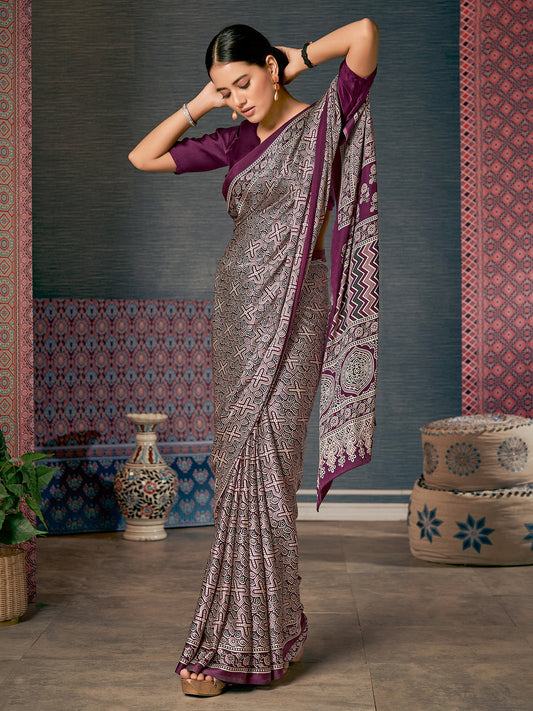 Beige Ajrakh Silk Saree with Wine Geometric Cross & Paisley Print, Grand Medallion Pallu & Wine Blouse - Ressa