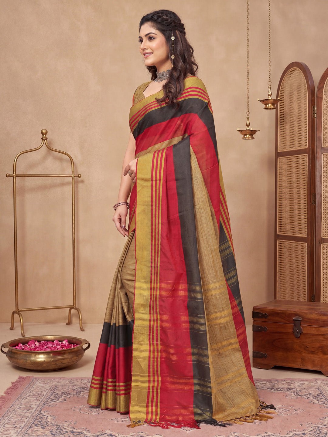 Beige Aura Silk Banarasi Pattern Saree - Ressa