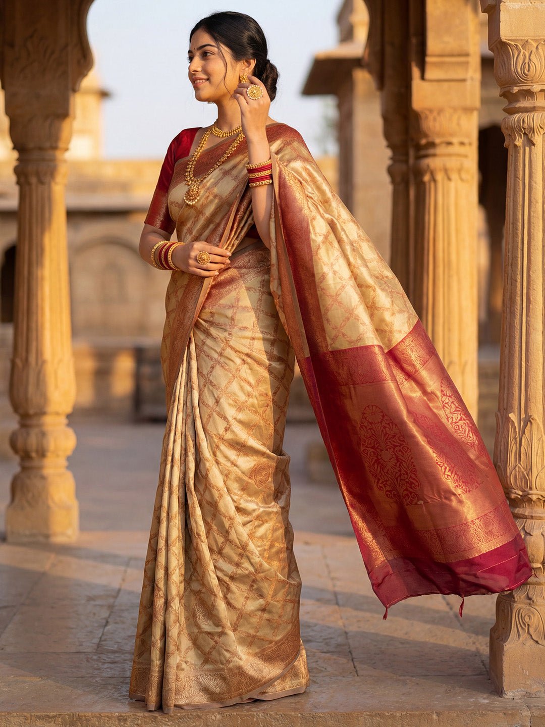 Beige Banarasi Silk Saree - Ressa