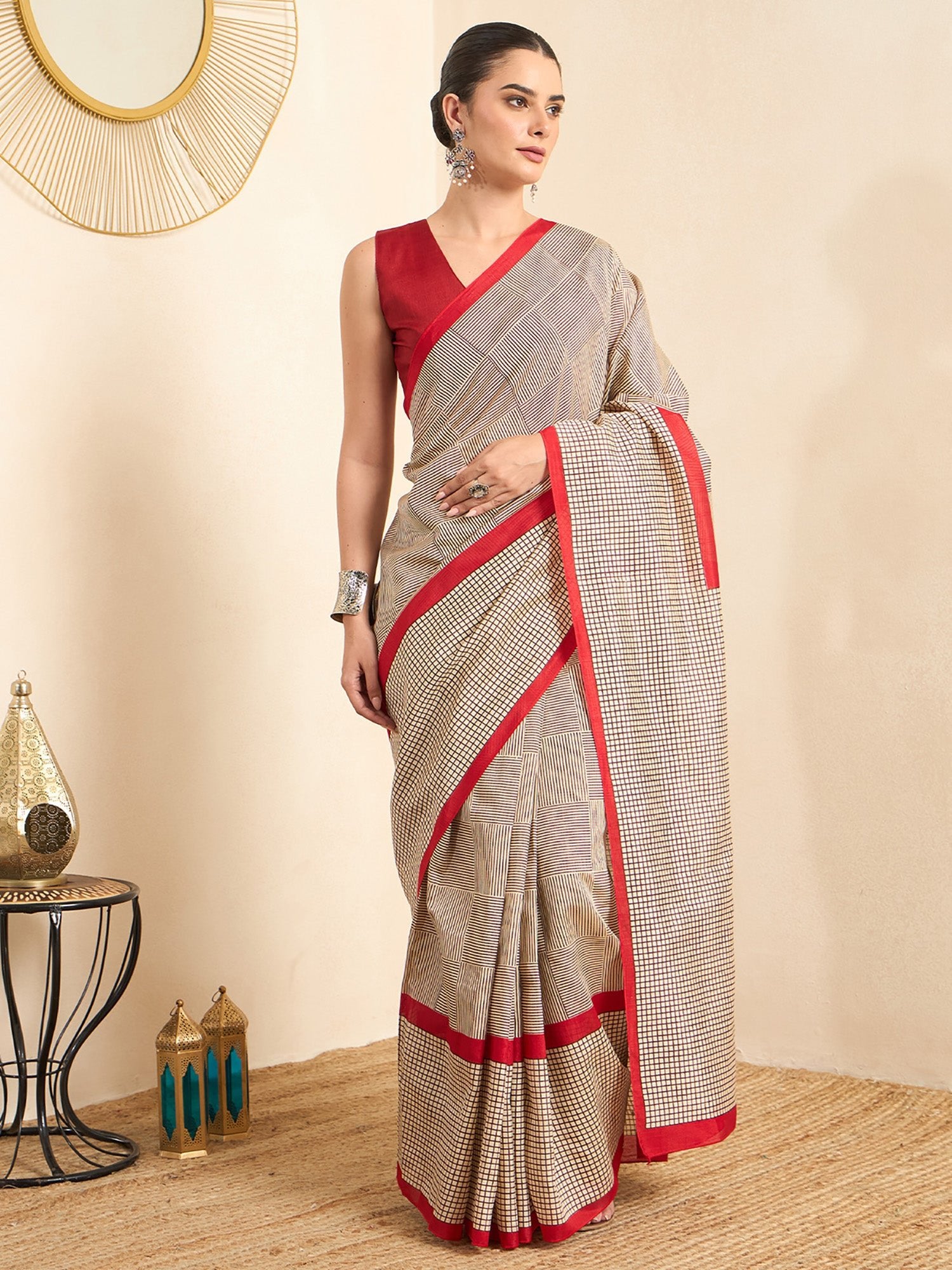 Beige Bhagalpuri Checkered Pattern Saree - Ressa