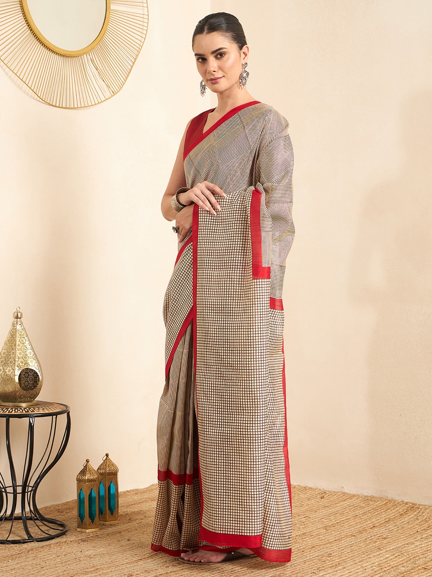 Beige Bhagalpuri Checkered Pattern Saree - Ressa