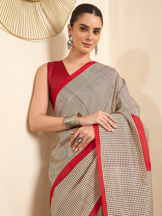 Beige Bhagalpuri Checkered Pattern Saree - Ressa