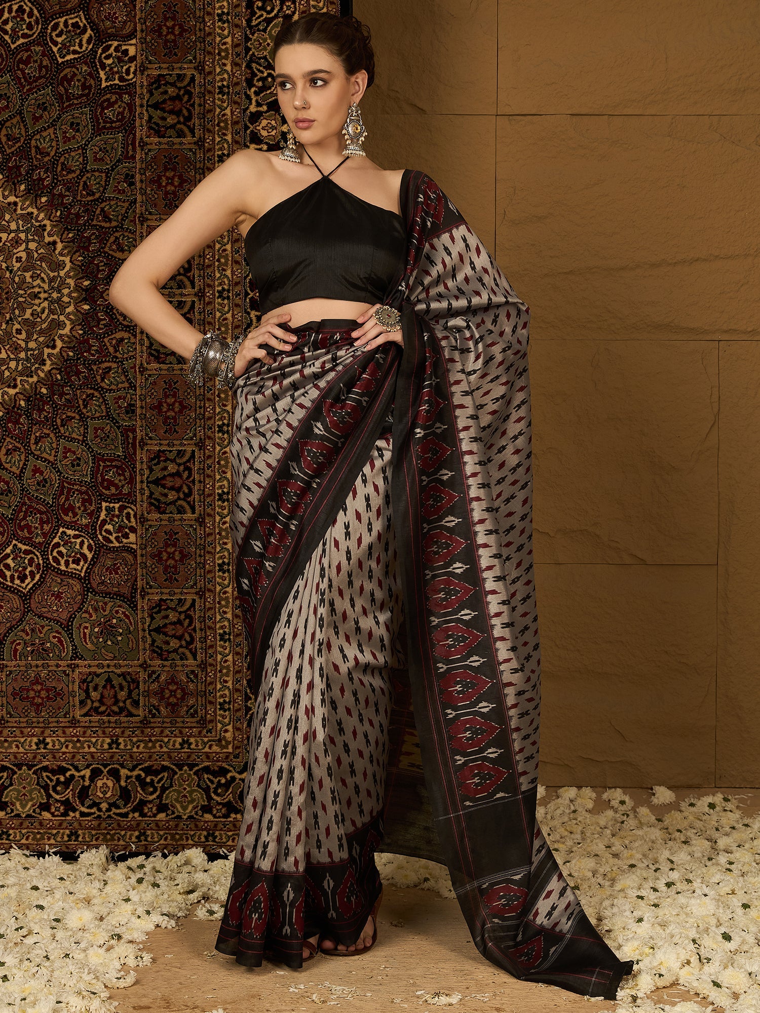 Beige Bhagalpuri Silk Ikat Print Saree - Ressa