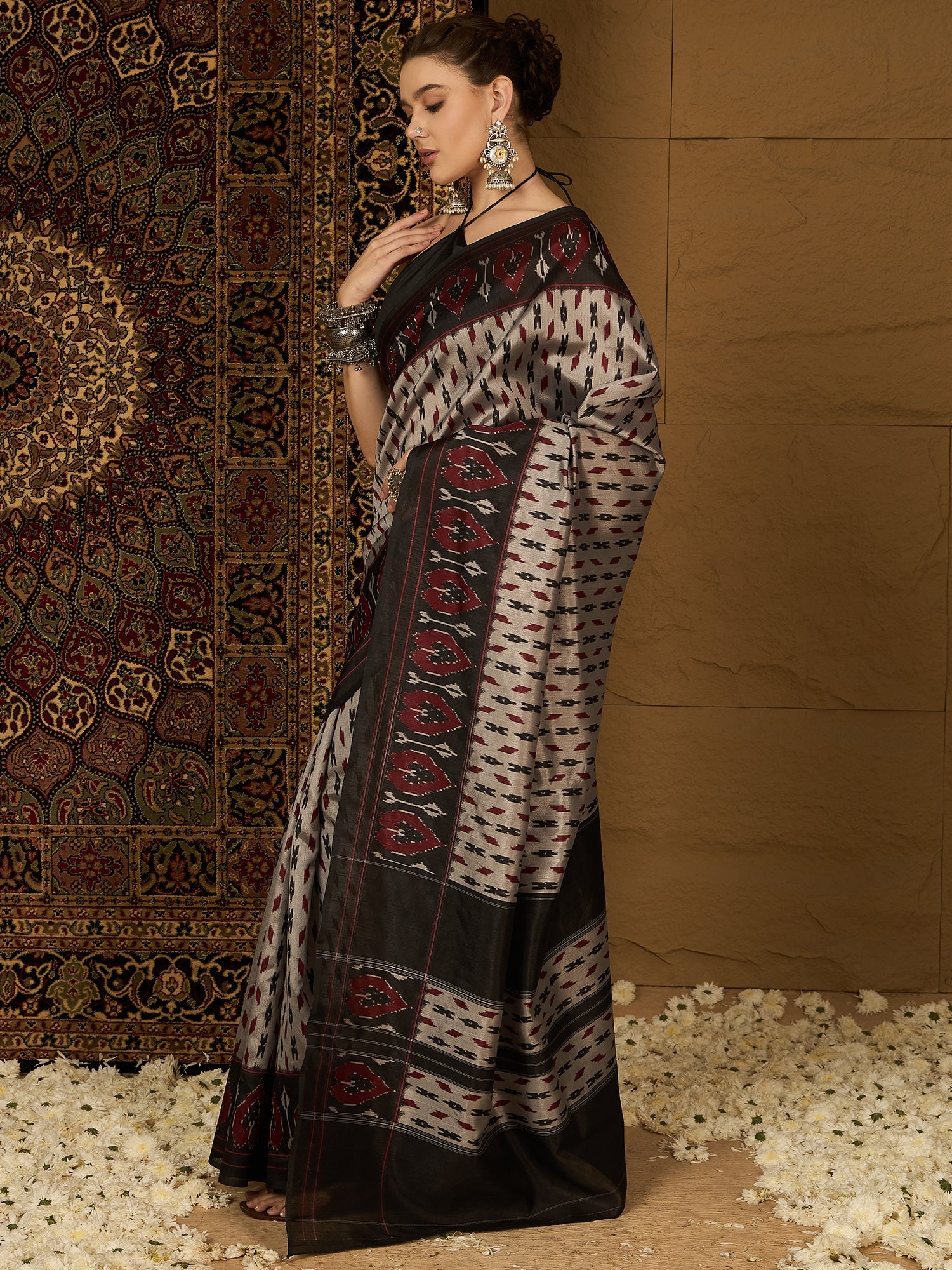 Beige Bhagalpuri Silk Ikat Print Saree - Ressa