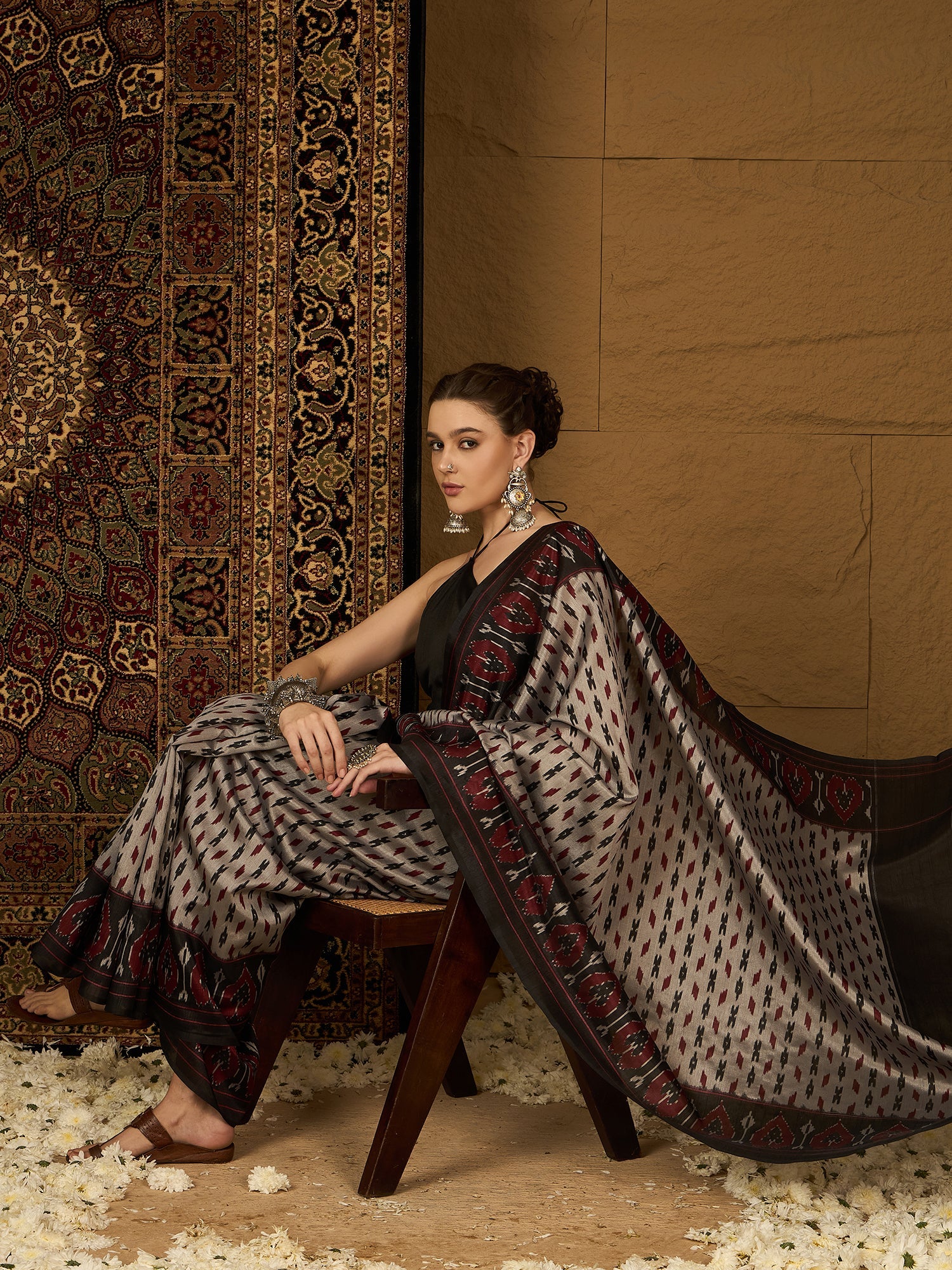 Beige Bhagalpuri Silk Ikat Print Saree - Ressa