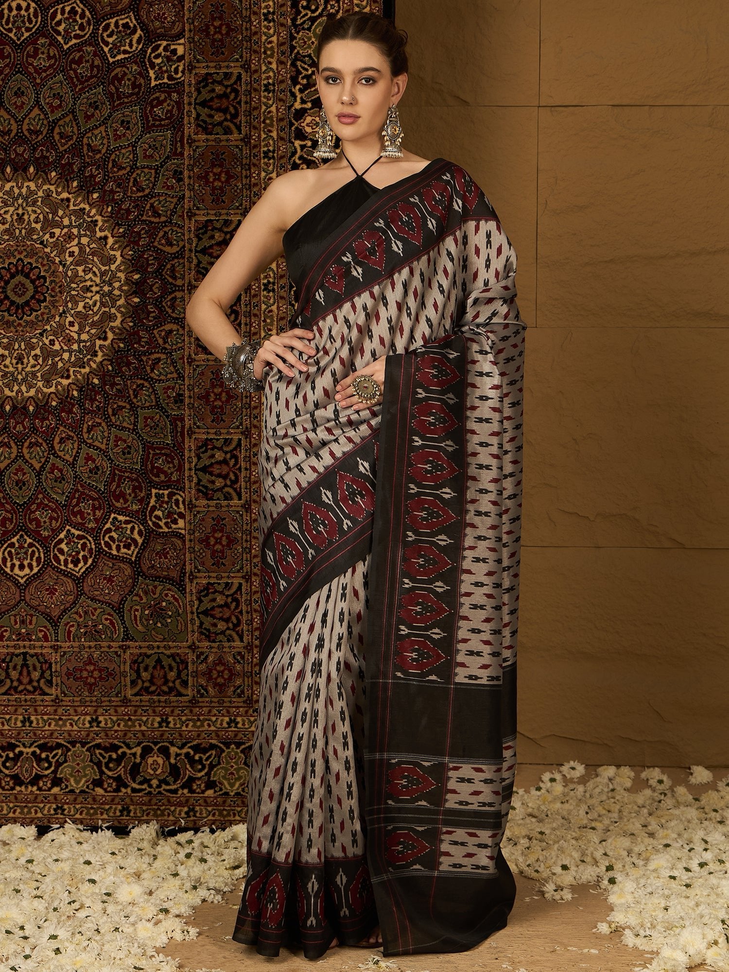 Beige Bhagalpuri Silk Ikat Print Saree - Ressa