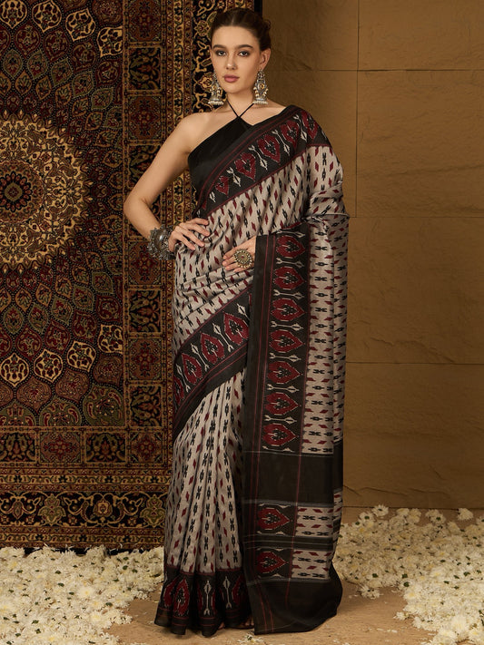 Beige Bhagalpuri Silk Ikat Print Saree - Ressa