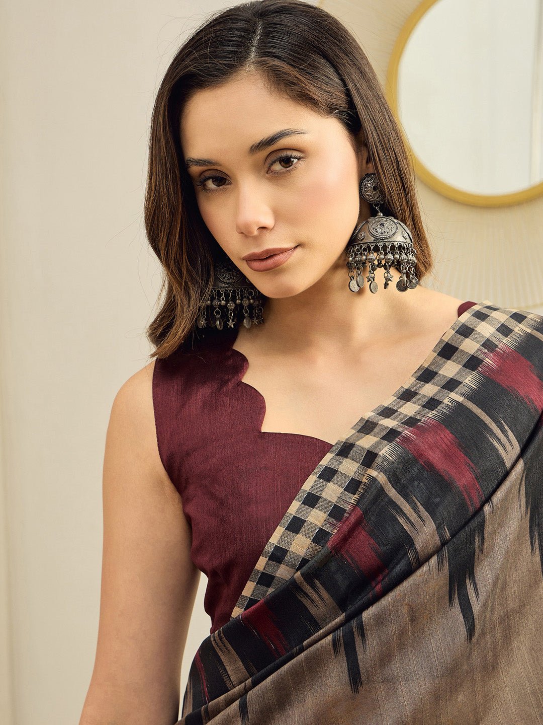 Beige & Black Bhagalpuri Ikkat Printed Saree - Ressa