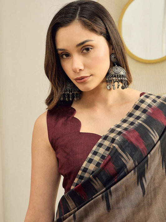 Beige & Black Bhagalpuri Ikkat Printed Saree - Ressa