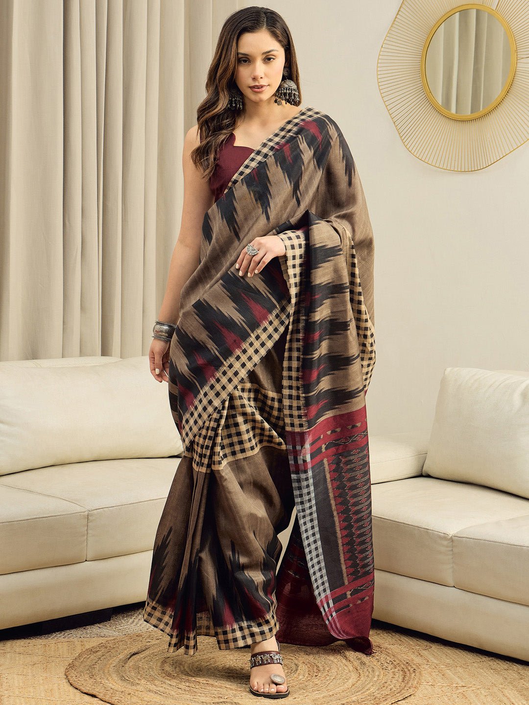 Beige & Black Bhagalpuri Ikkat Printed Saree - Ressa