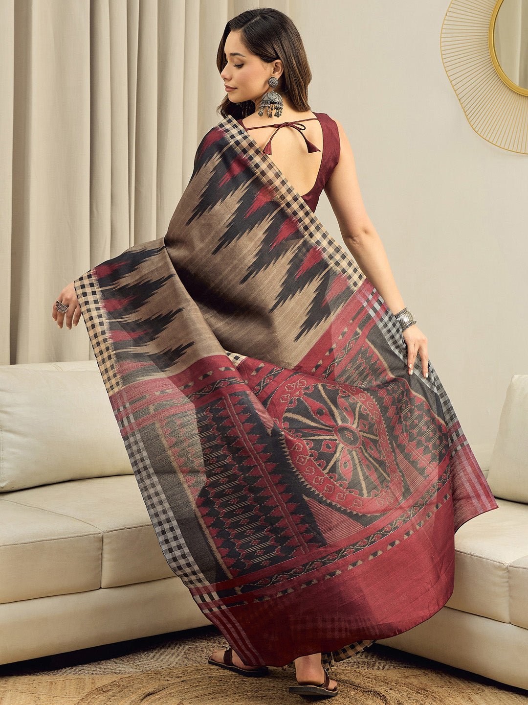 Beige & Black Bhagalpuri Ikkat Printed Saree - Ressa