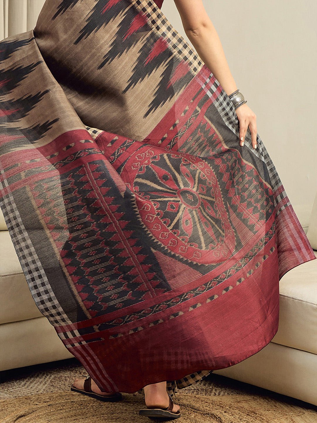 Beige & Black Bhagalpuri Ikkat Printed Saree - Ressa