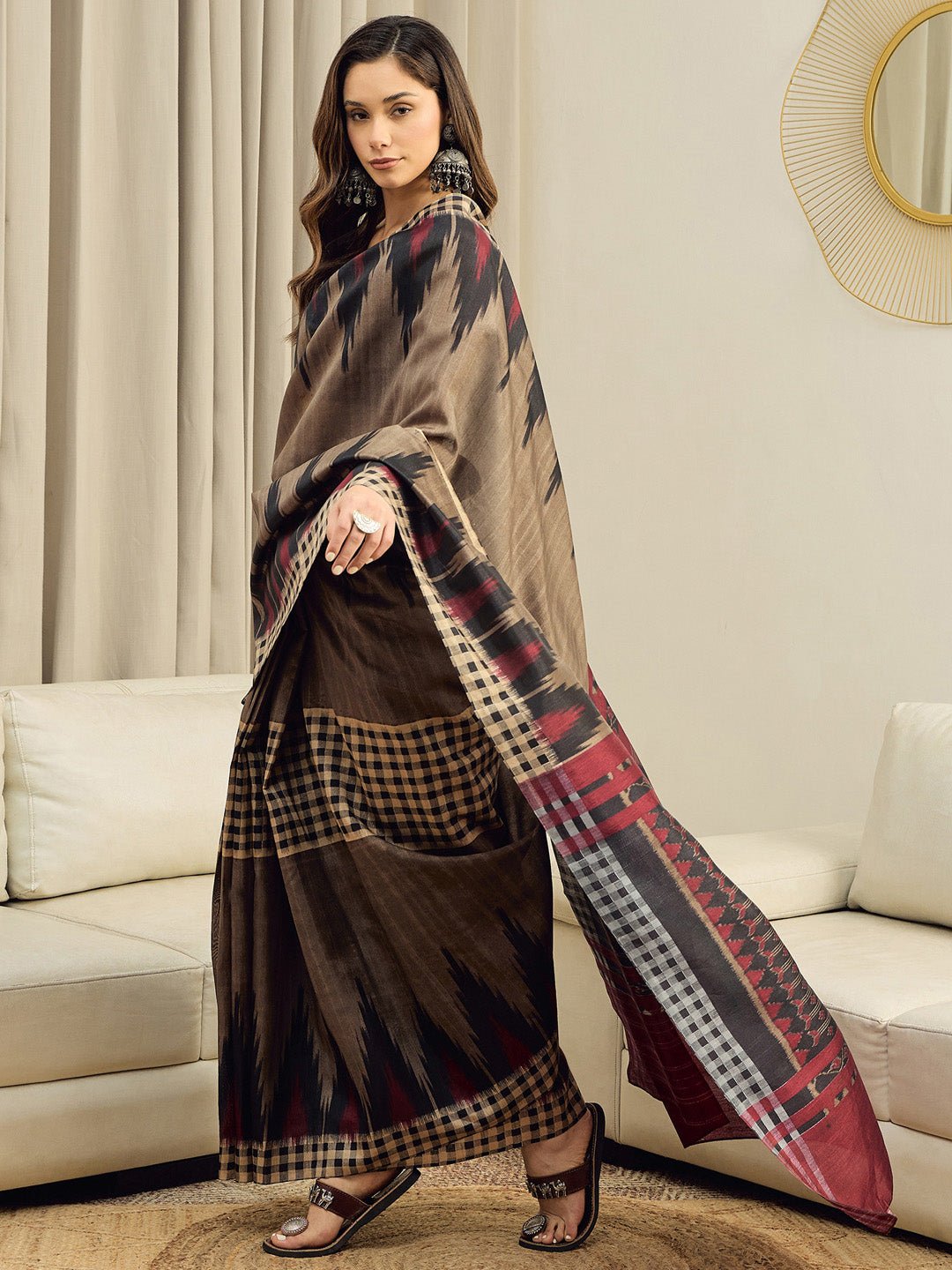 Beige & Black Bhagalpuri Ikkat Printed Saree - Ressa