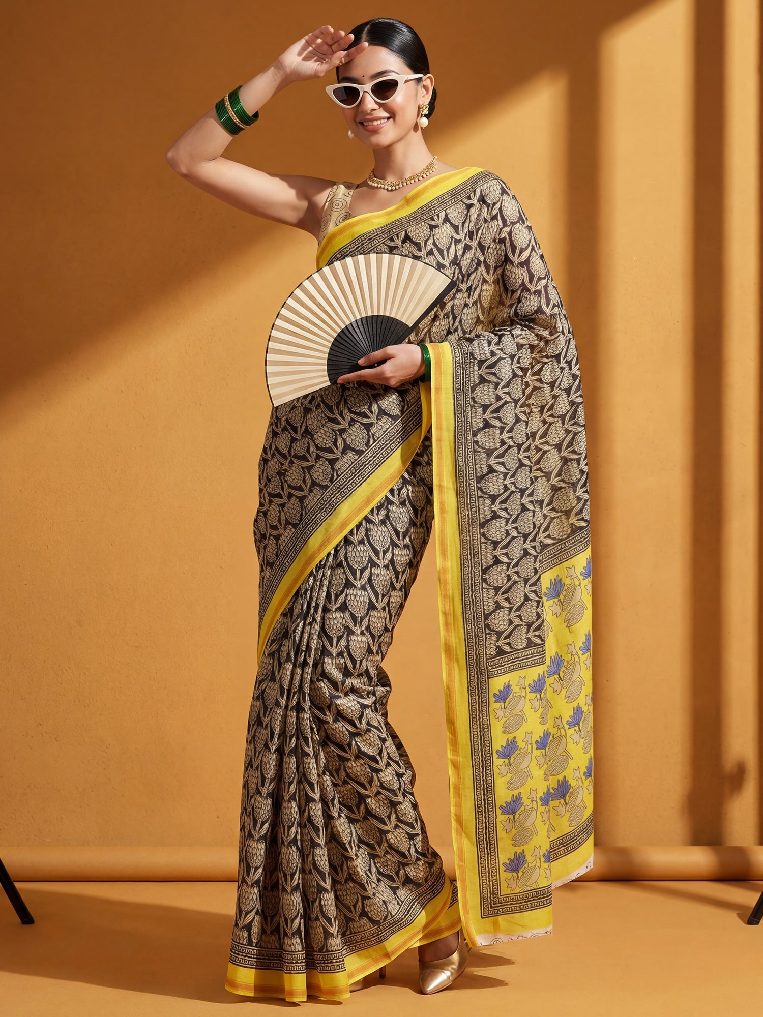 Beige & Black Cotton Blend Saree - Ressa