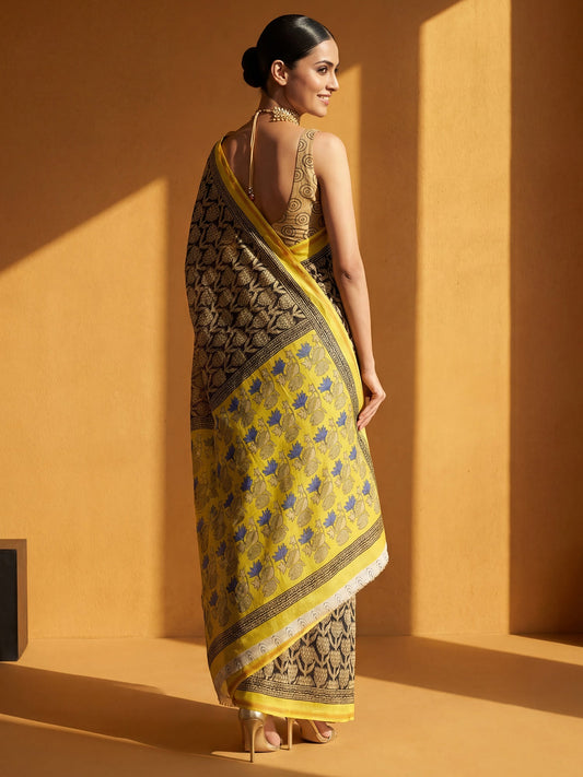 Beige & Black Cotton Blend Saree - Ressa