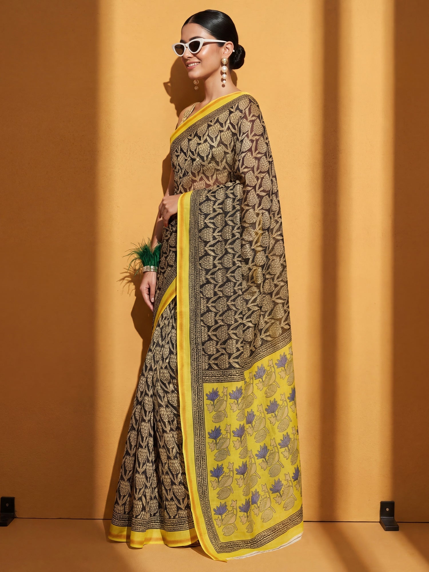 Beige & Black Cotton Blend Saree - Ressa