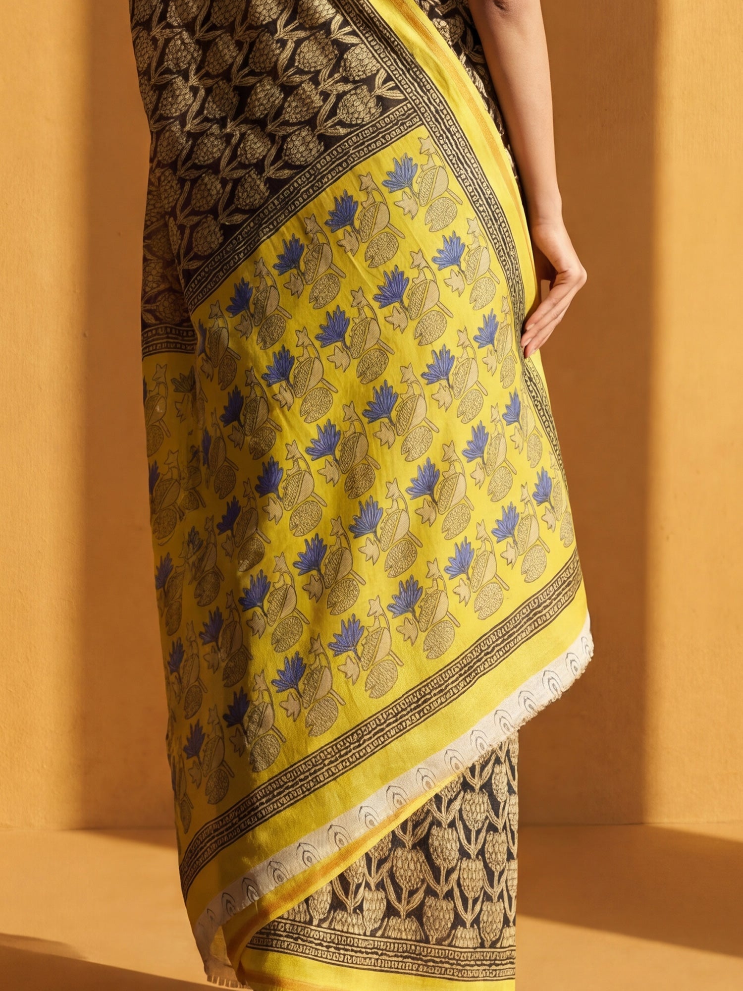 Beige & Black Cotton Blend Saree - Ressa