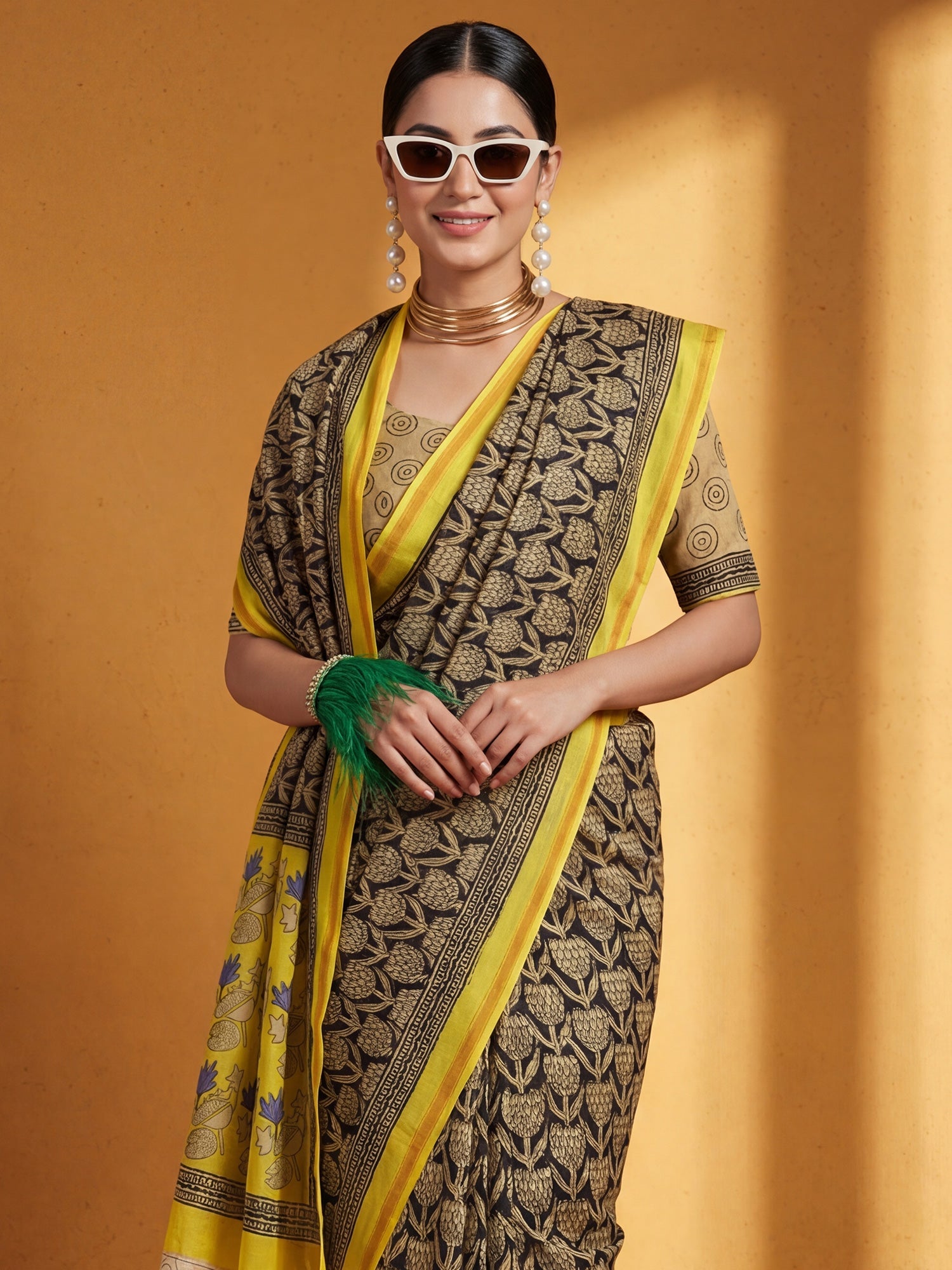 Beige & Black Cotton Blend Saree - Ressa
