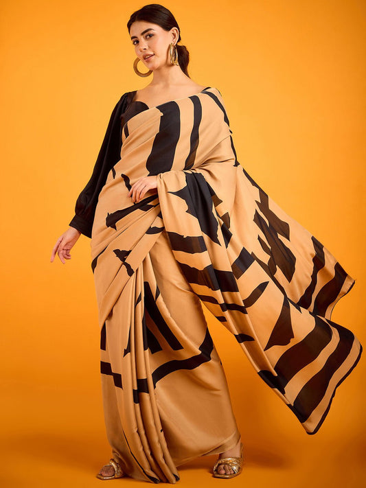 Beige & Black Geometric Saree - Ressa