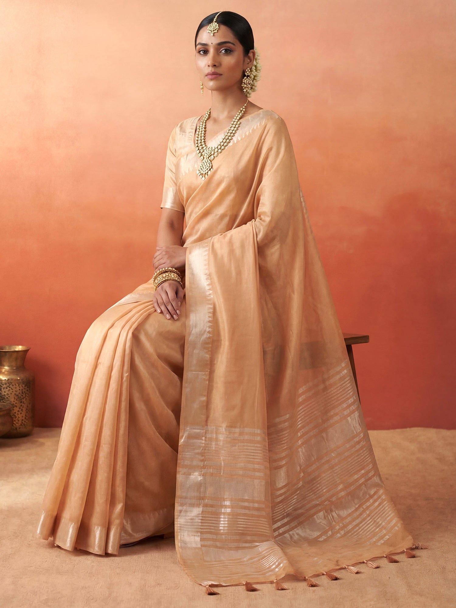 Beige Chanderi Silk Saree - Ressa