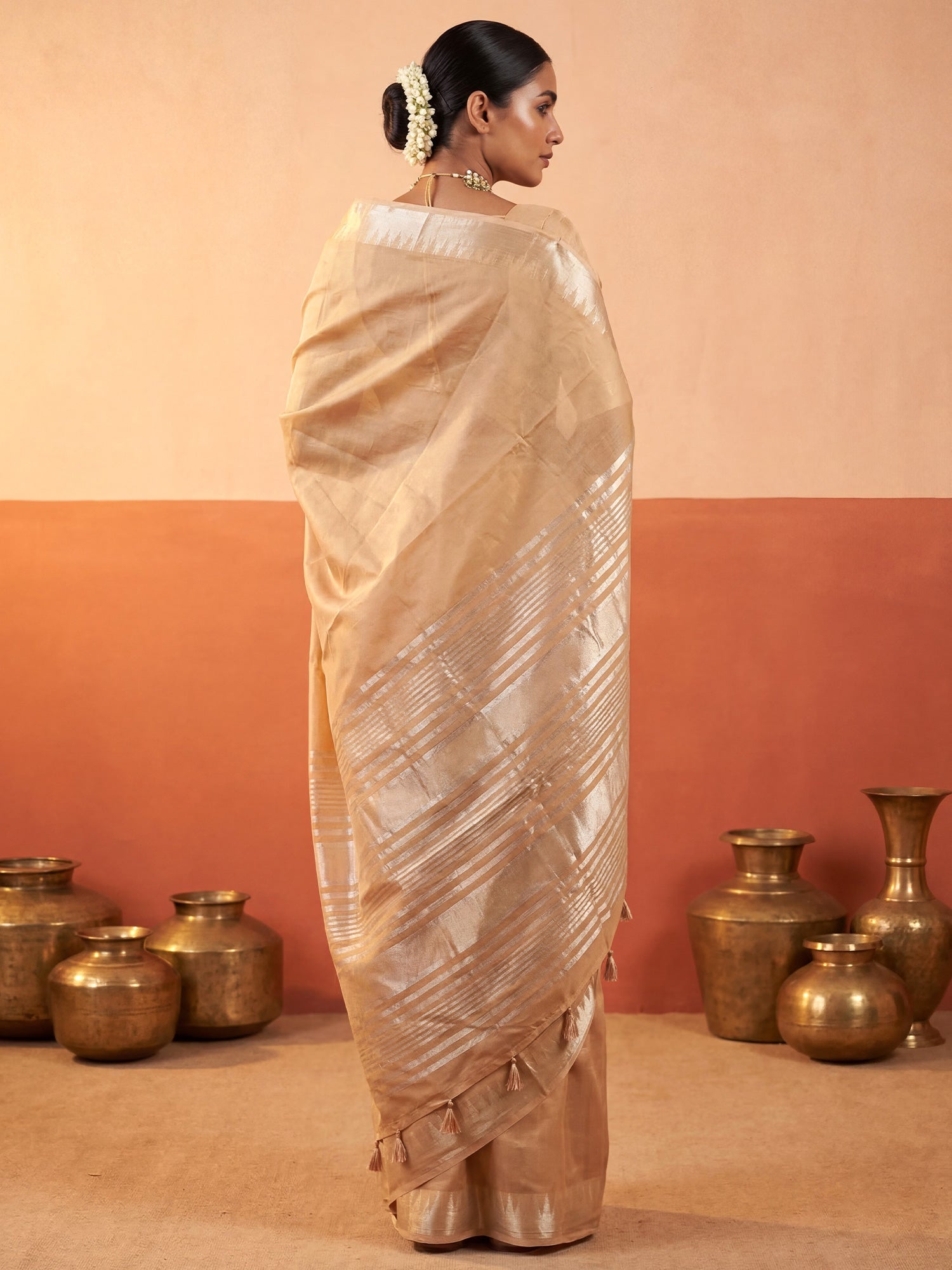 Beige Chanderi Silk Saree - Ressa