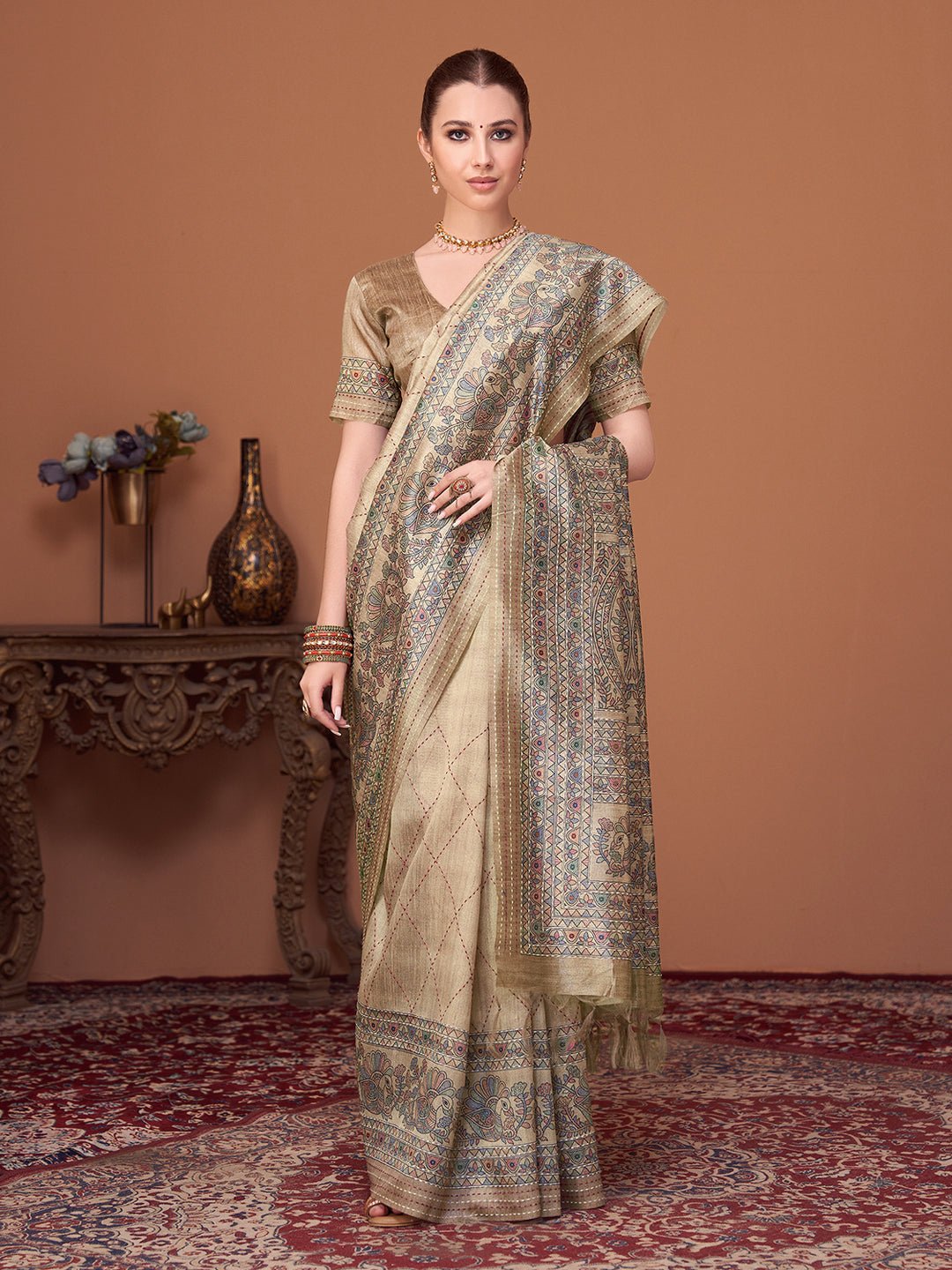 Beige Cotton Silk Kalamkari Print Saree - Ressa