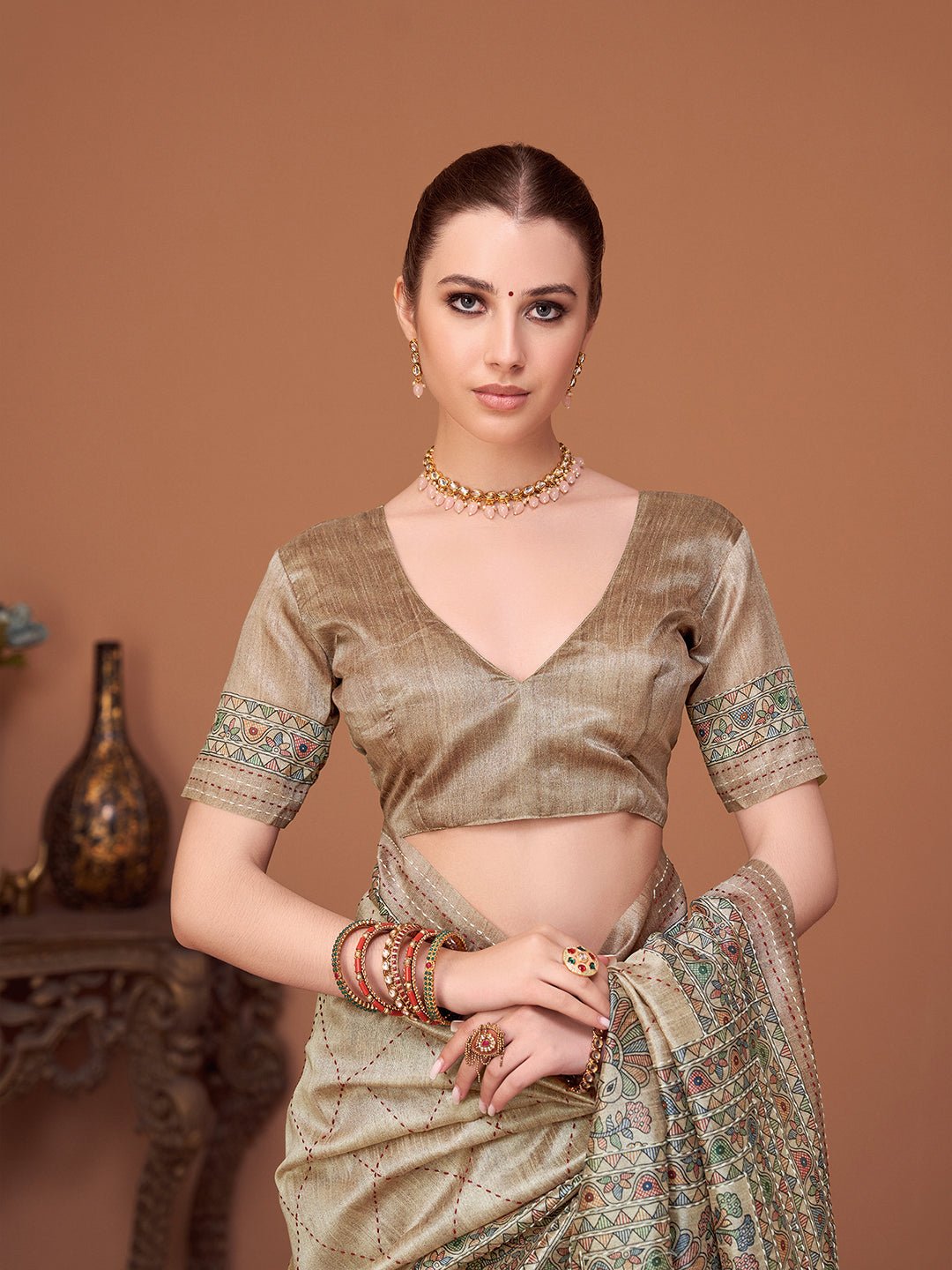 Beige Cotton Silk Kalamkari Print Saree - Ressa