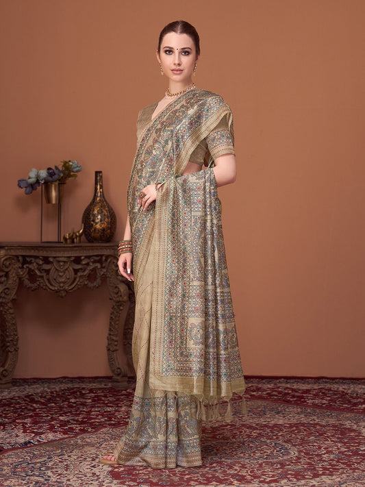 Beige Cotton Silk Kalamkari Print Saree - Ressa
