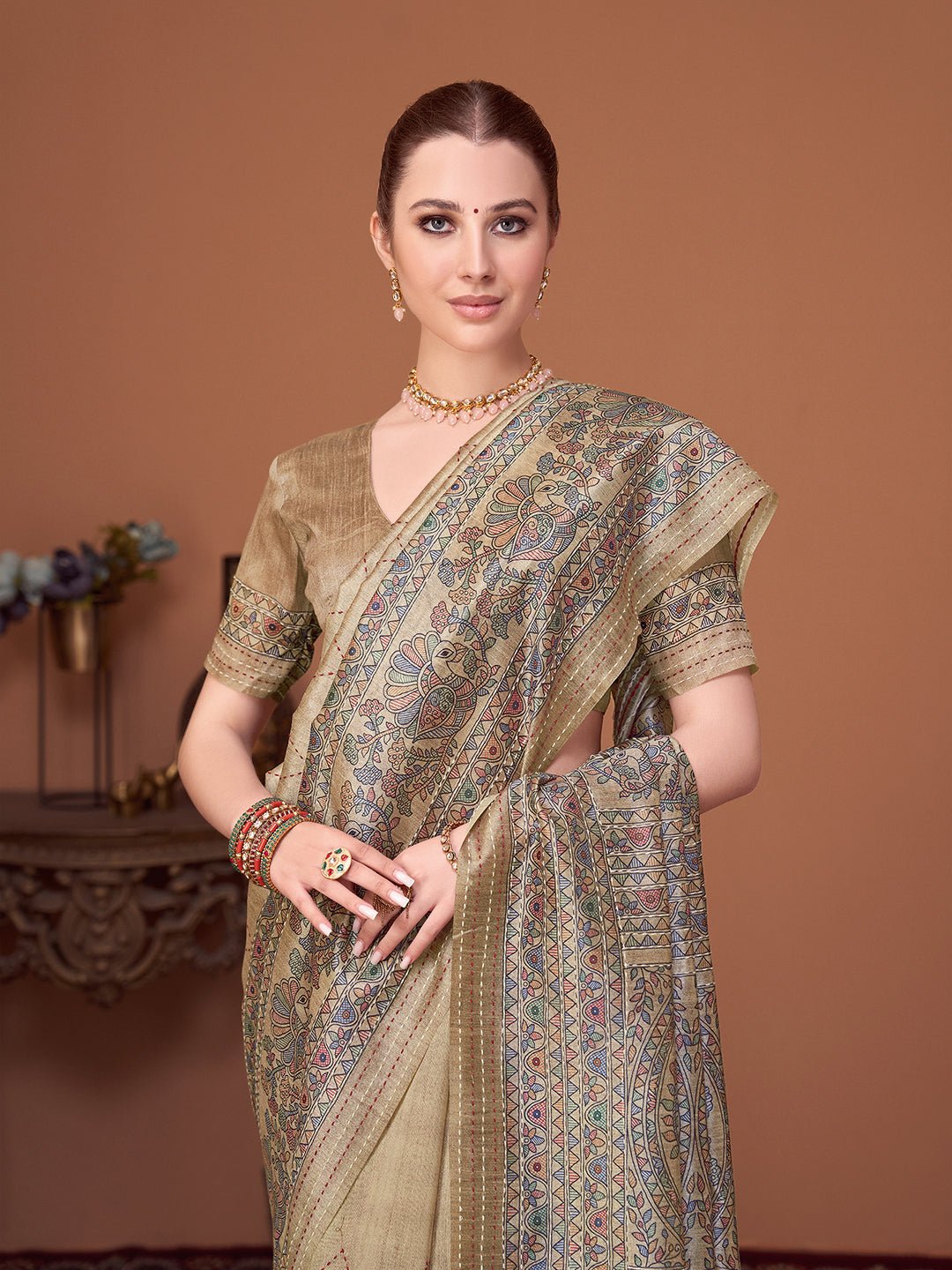 Beige Cotton Silk Kalamkari Print Saree - Ressa