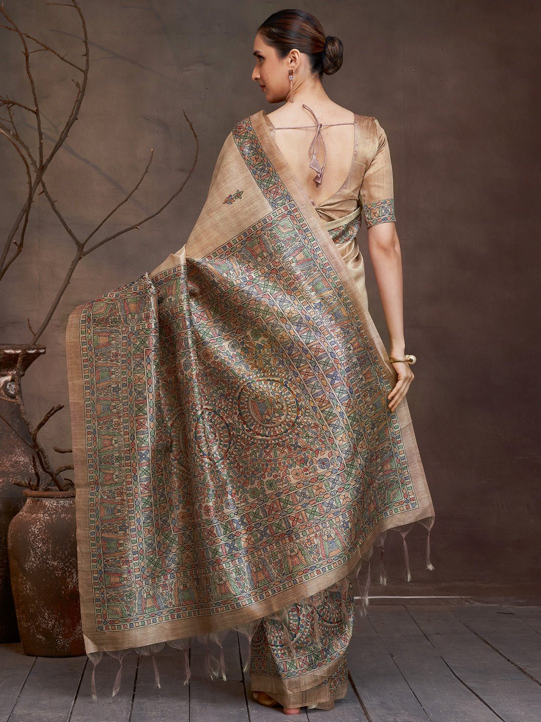Beige Cotton Silk Madhubani print Saree - Ressa