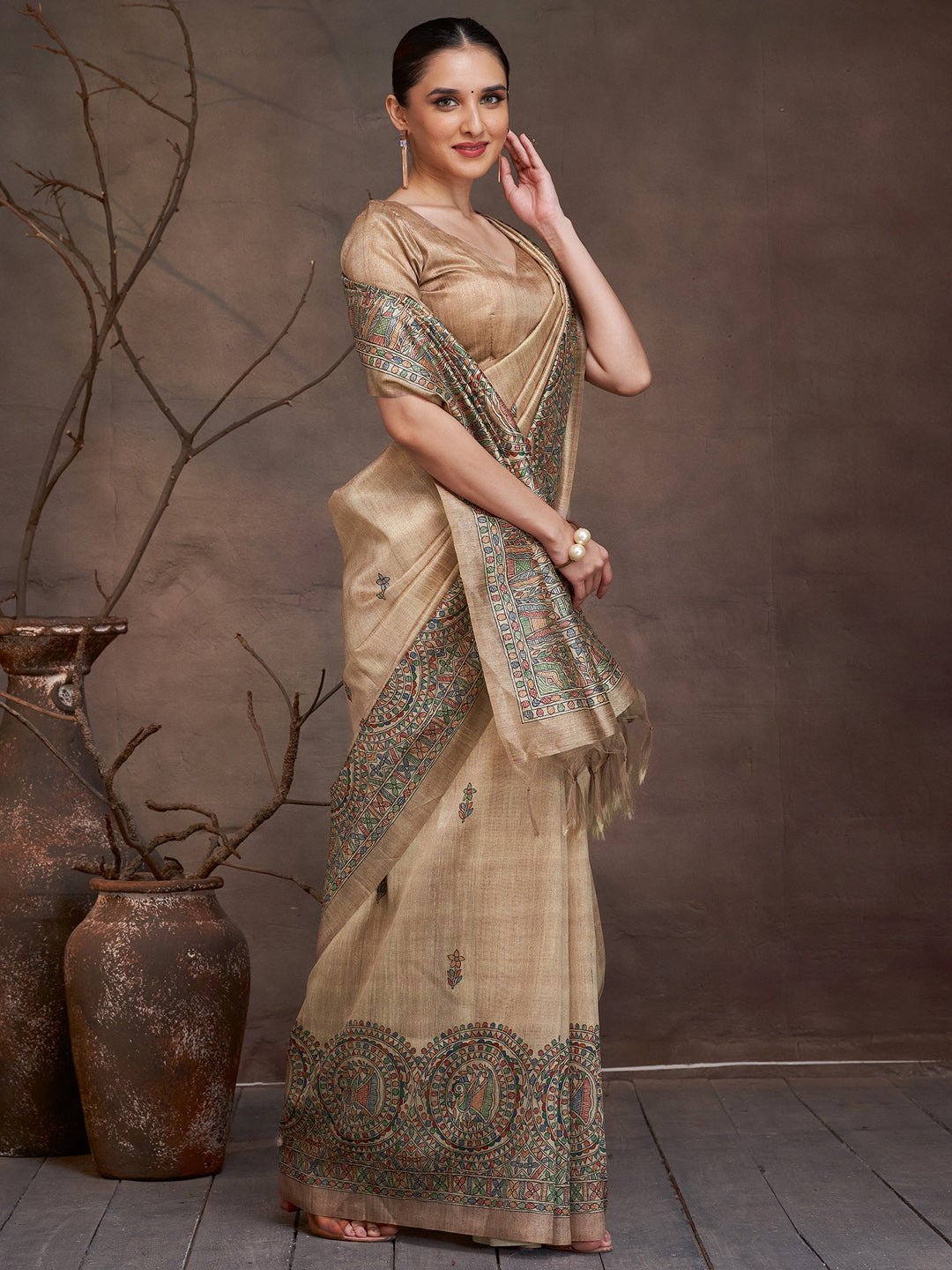 Beige Cotton Silk Madhubani print Saree - Ressa
