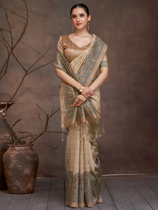 Beige Cotton Silk Madhubani print Saree - Ressa