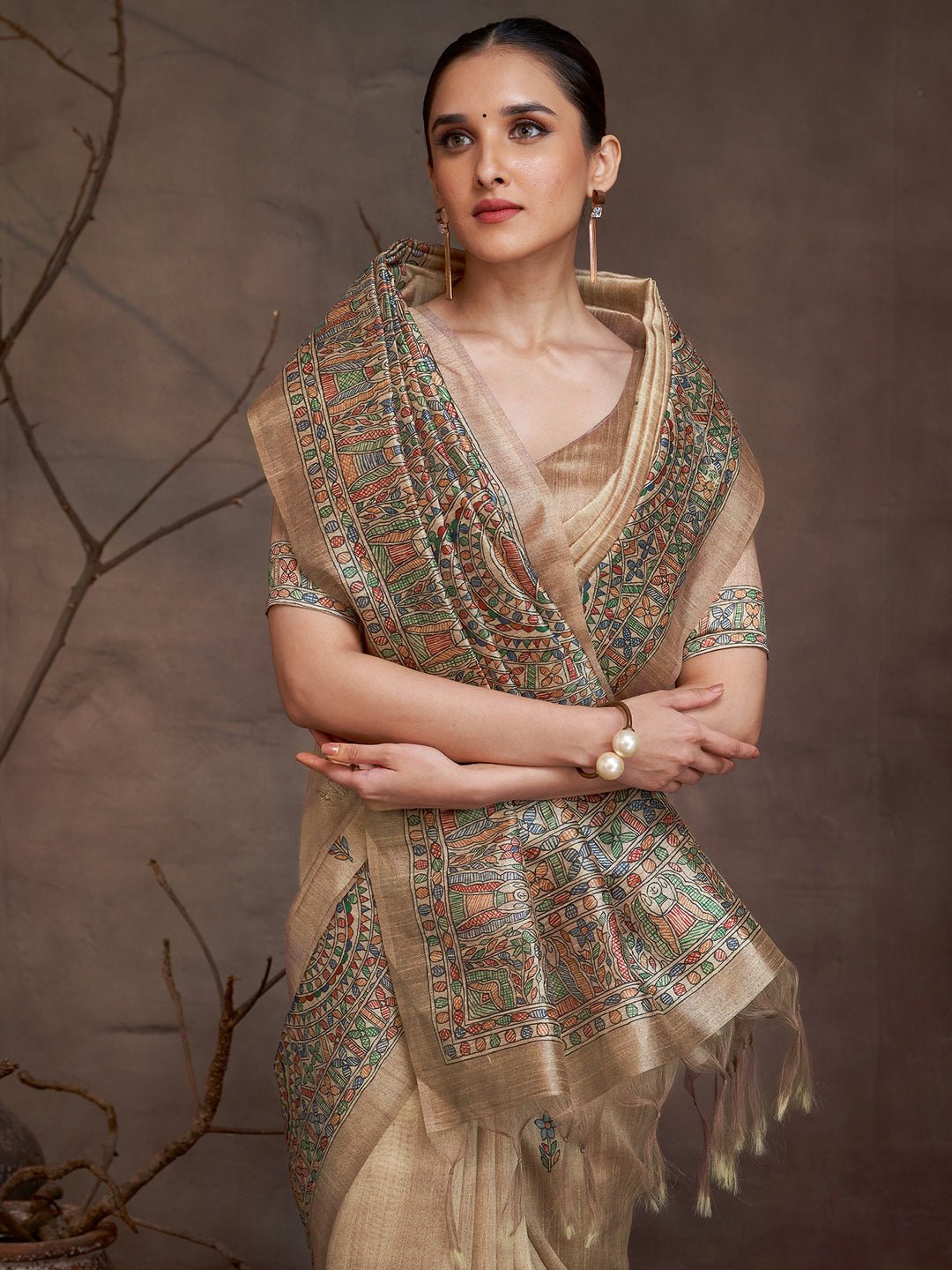 Beige Cotton Silk Madhubani print Saree - Ressa