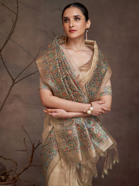 Beige Cotton Silk Madhubani print Saree - Ressa
