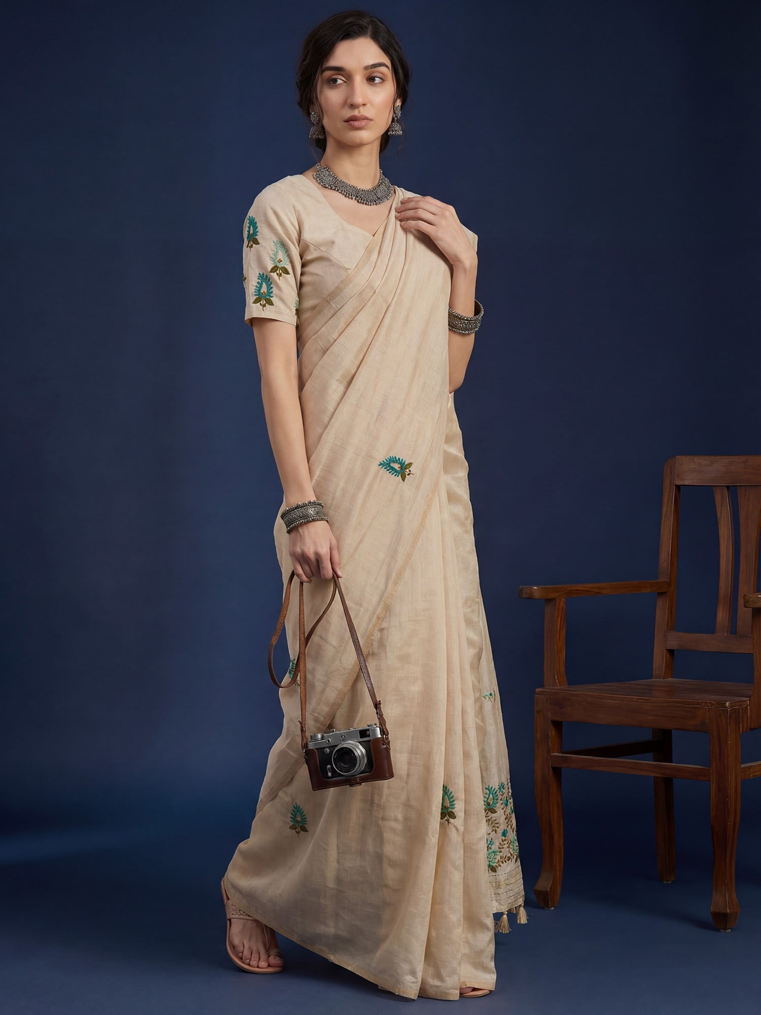 Beige Cream Embrodered Tussar Silk - Ressa