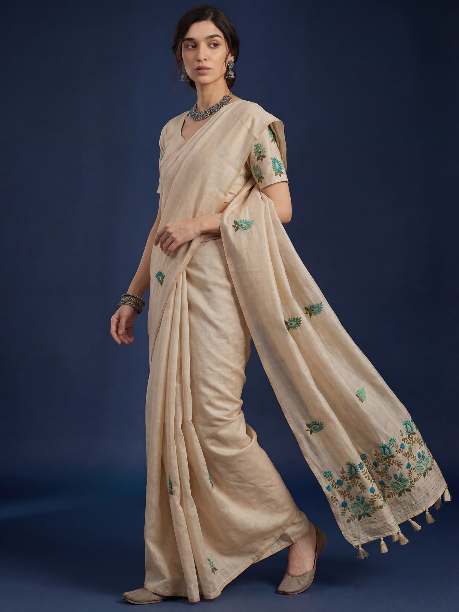 Beige Cream Embrodered Tussar Silk - Ressa