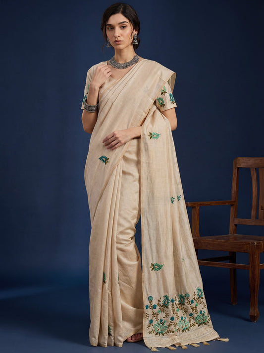 Beige Cream Embrodered Tussar Silk - Ressa