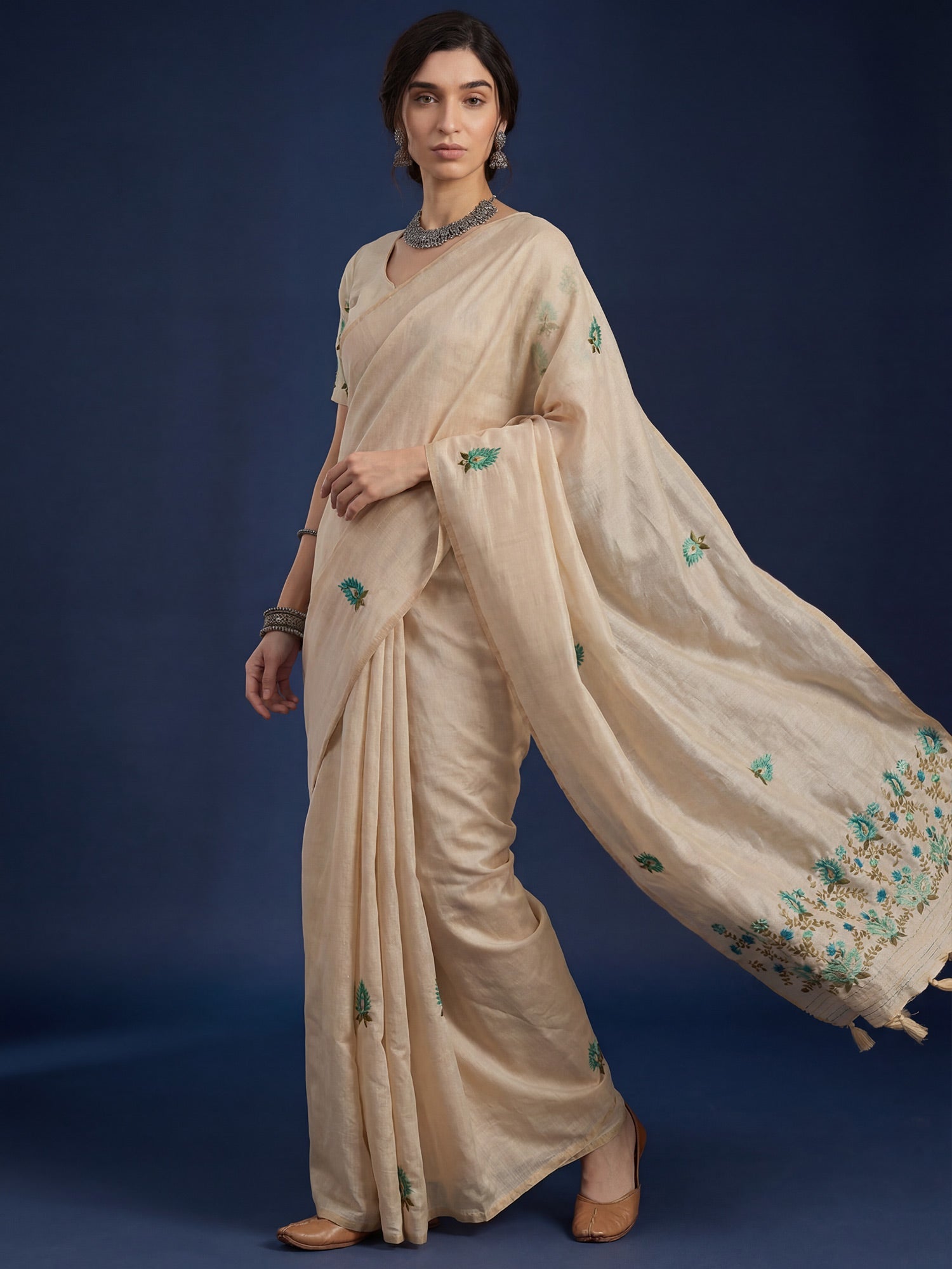 Beige Cream Embrodered Tussar Silk - Ressa