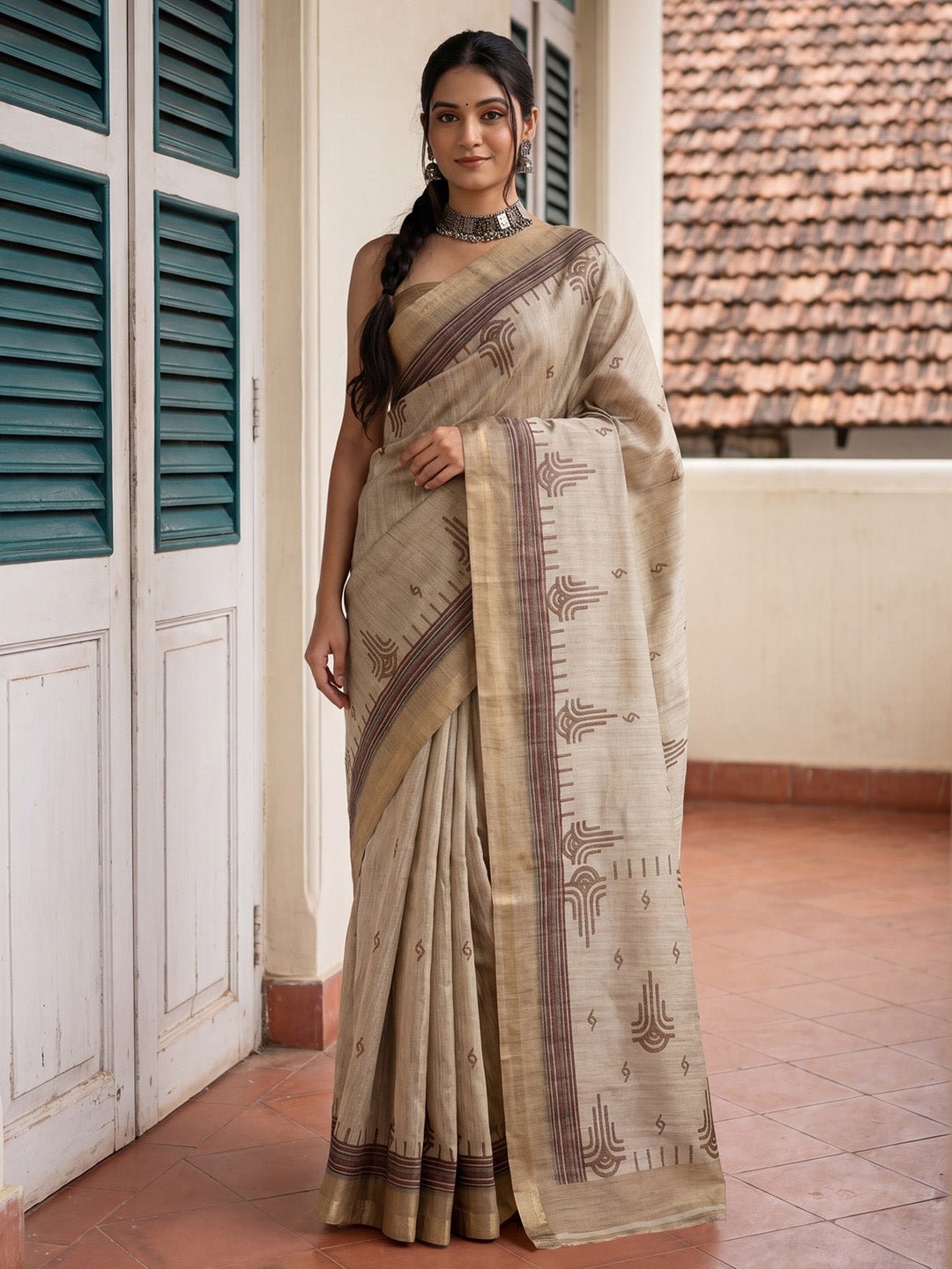 Beige & Cream Tussar Silk Saree - Ressa