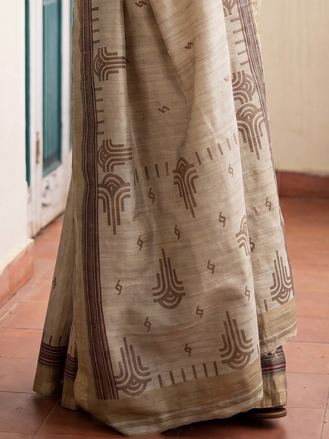 Beige & Cream Tussar Silk Saree - Ressa