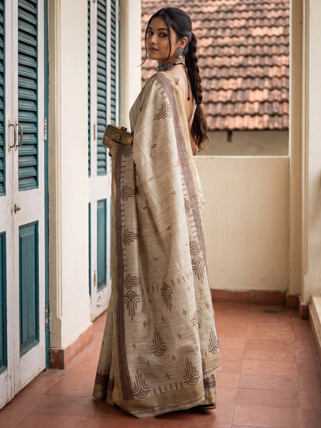 Beige & Cream Tussar Silk Saree - Ressa