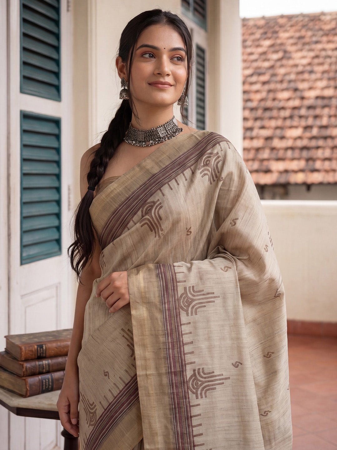 Beige & Cream Tussar Silk Saree - Ressa