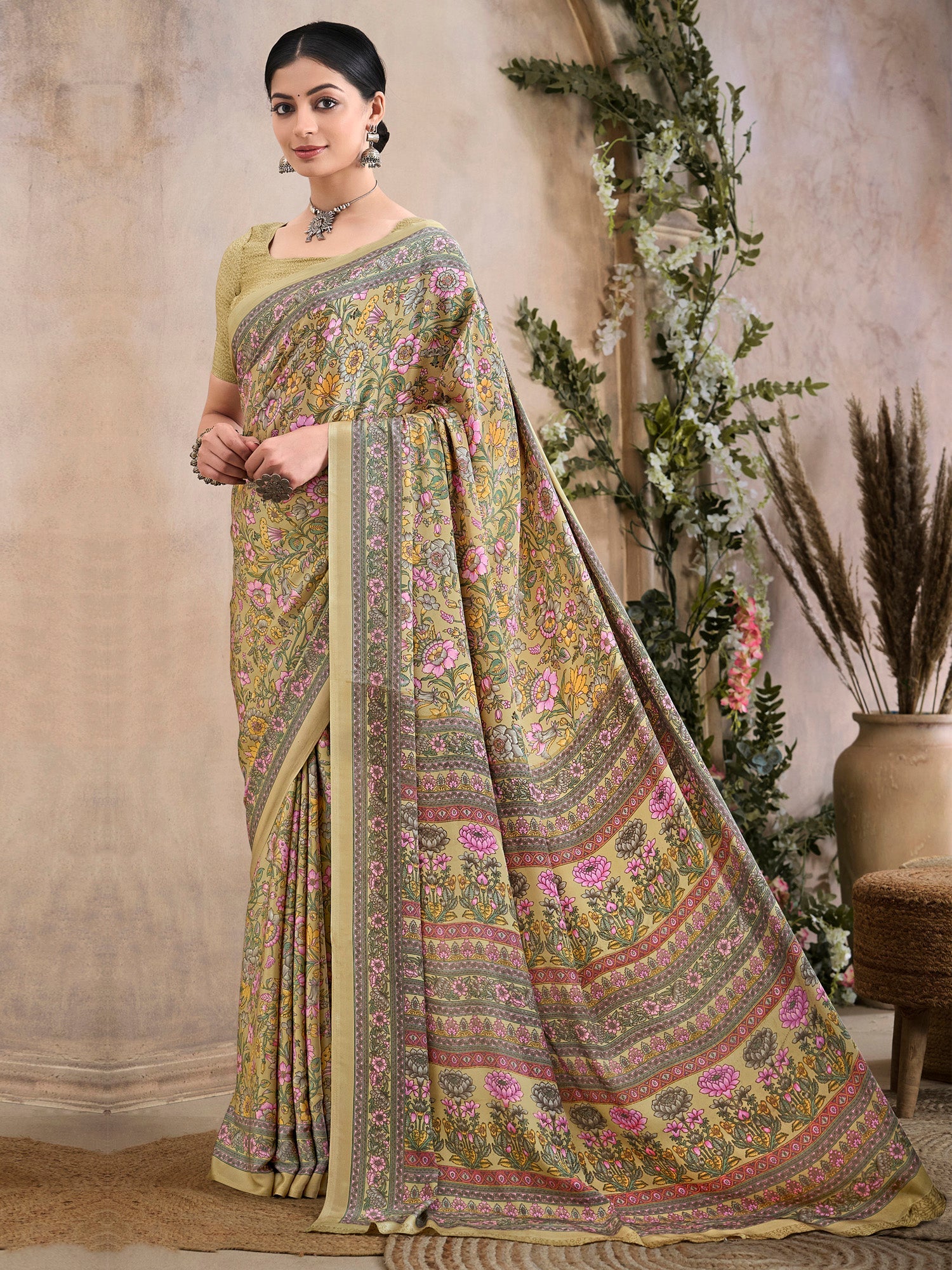 Beige Crepe printed Saree - Ressa