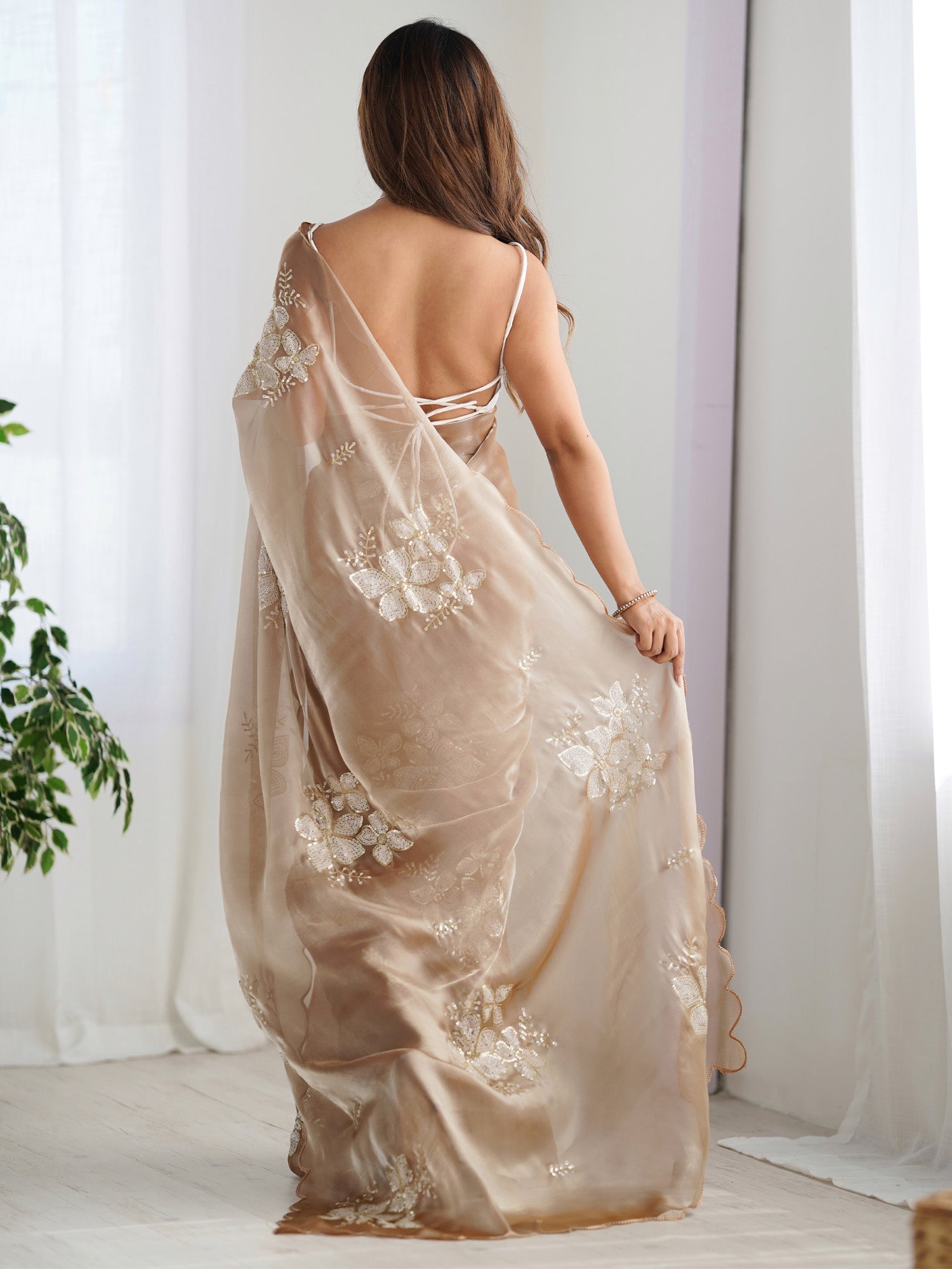 Beige embellished Georgette Saree - Ressa