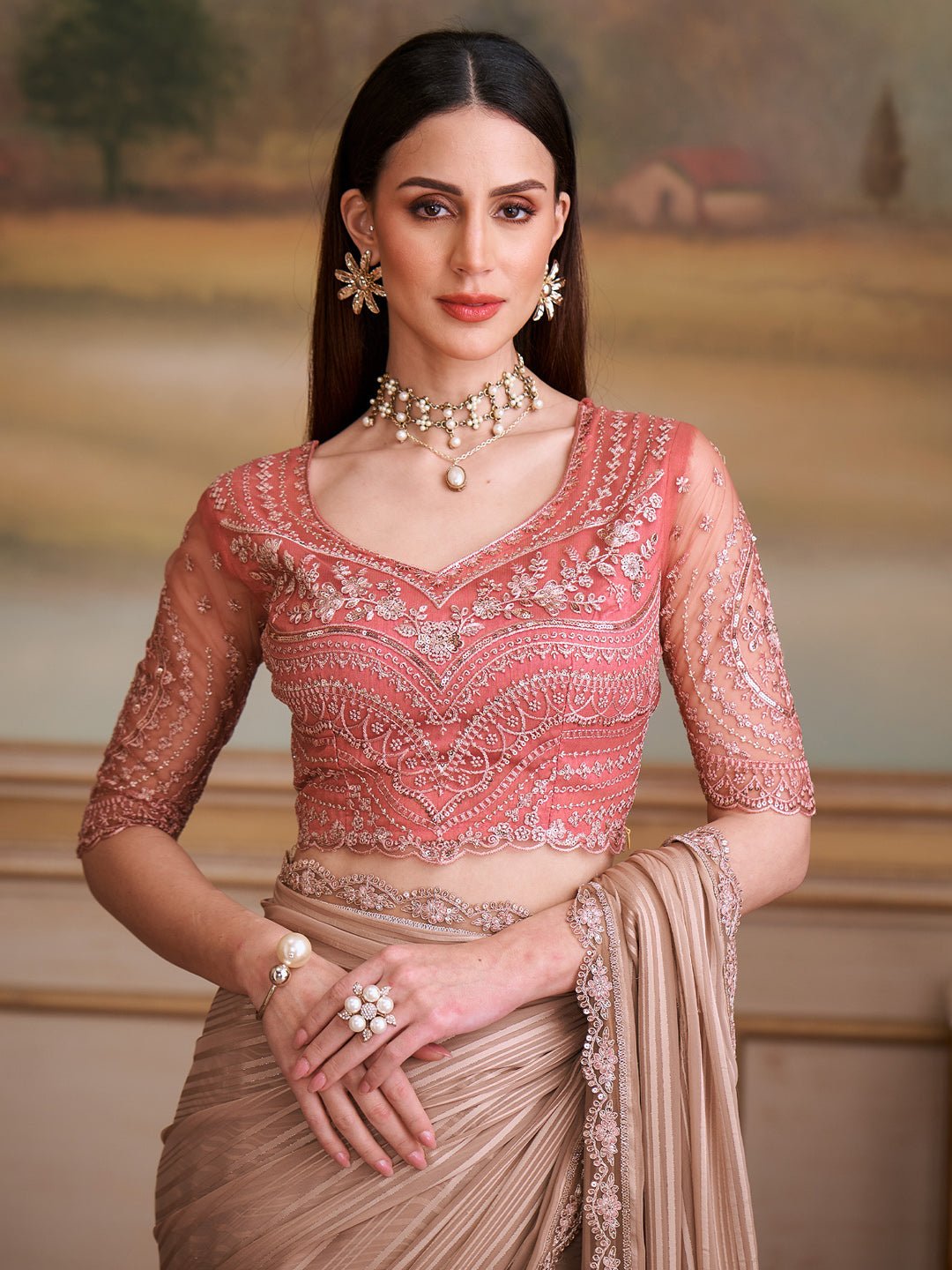Beige Embellished Sequinned Georgette Saree - Ressa