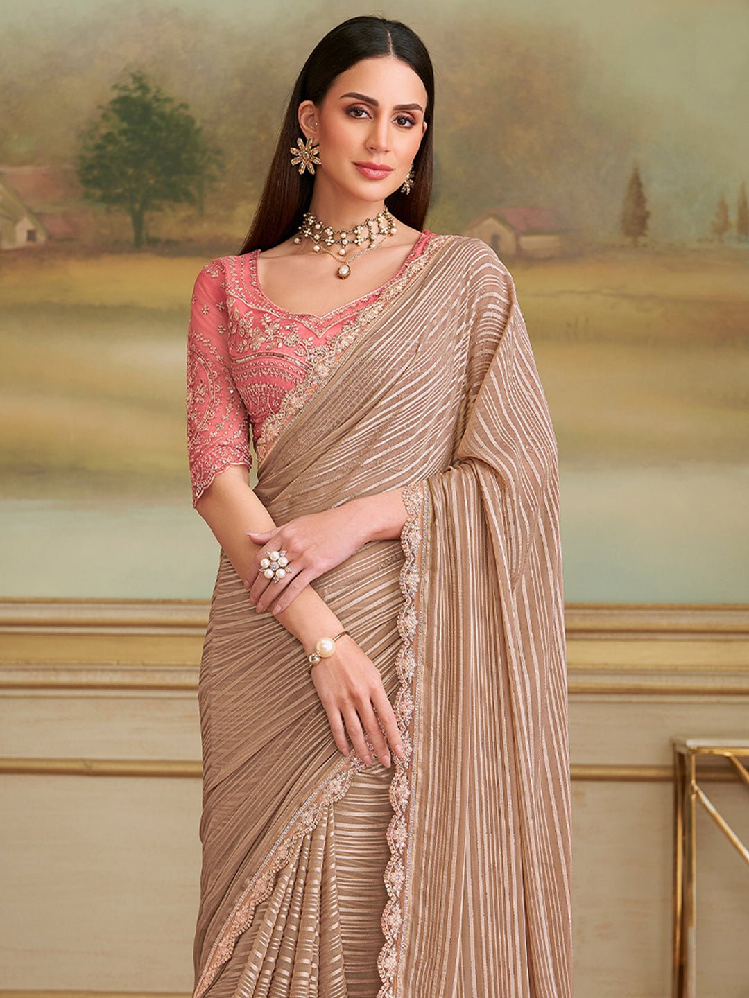 Beige Embellished Sequinned Georgette Saree - Ressa