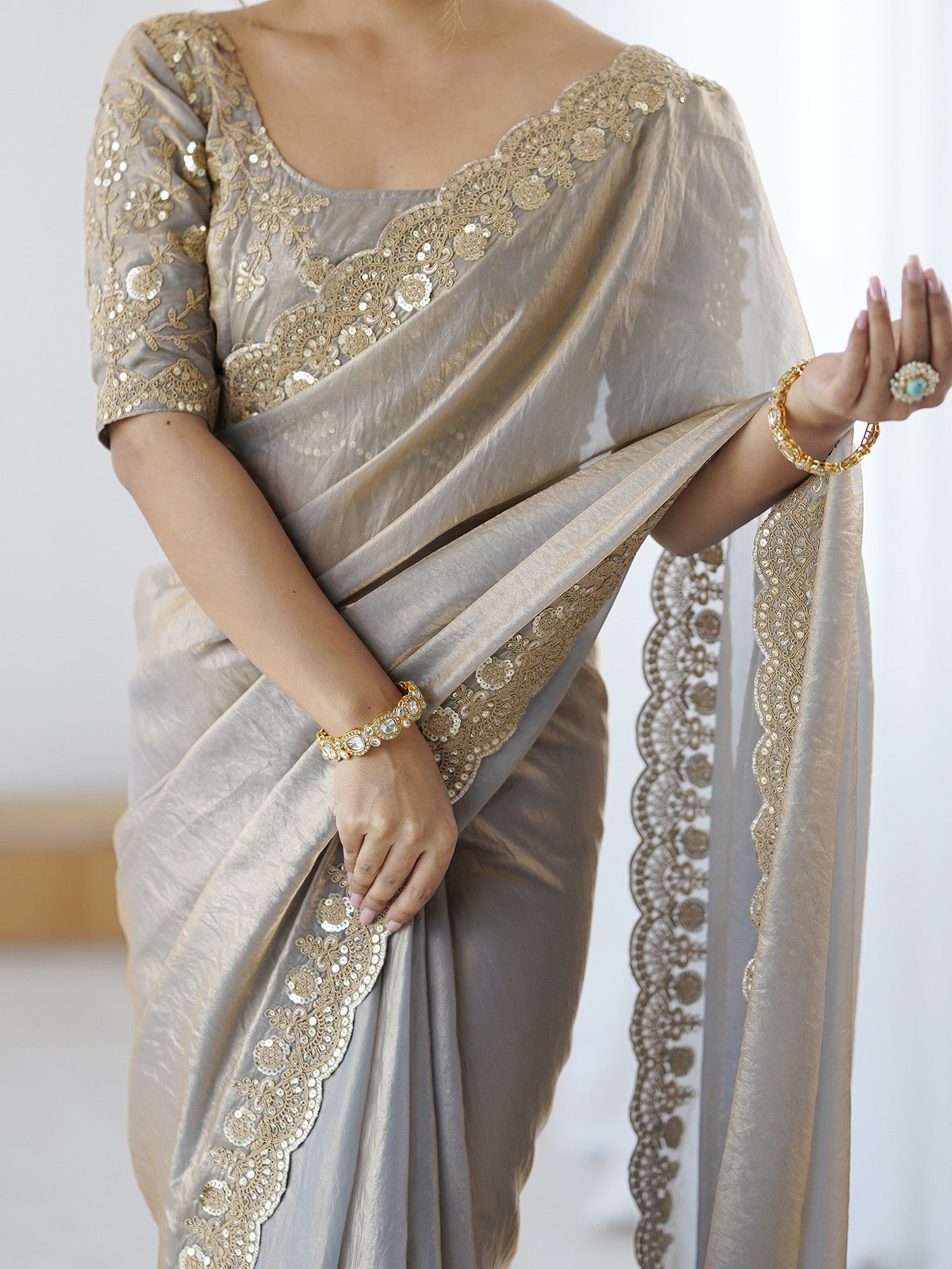 Beige Embellished Tissue Sarees - Ressa