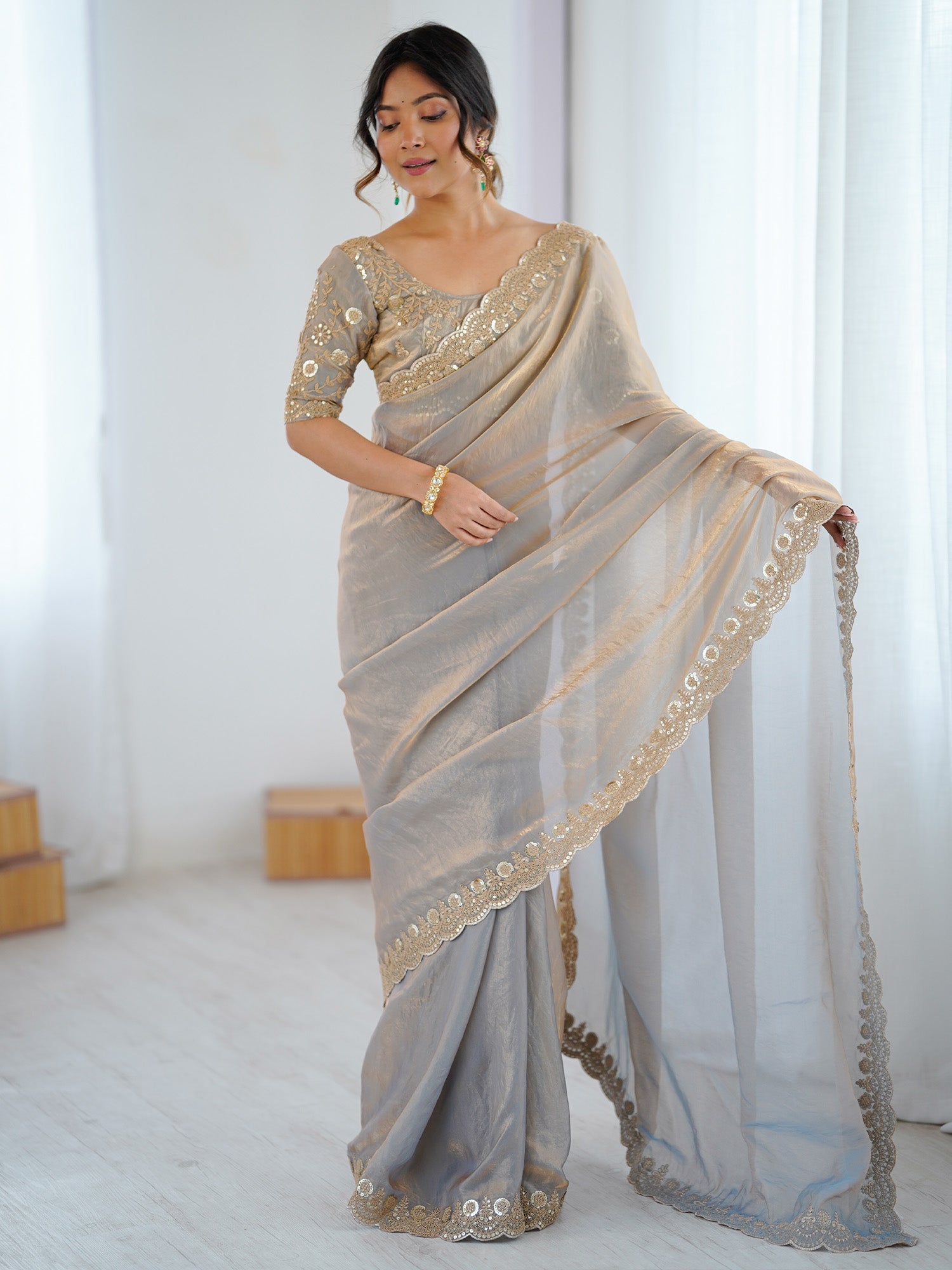 Beige Embellished Tissue Sarees - Ressa