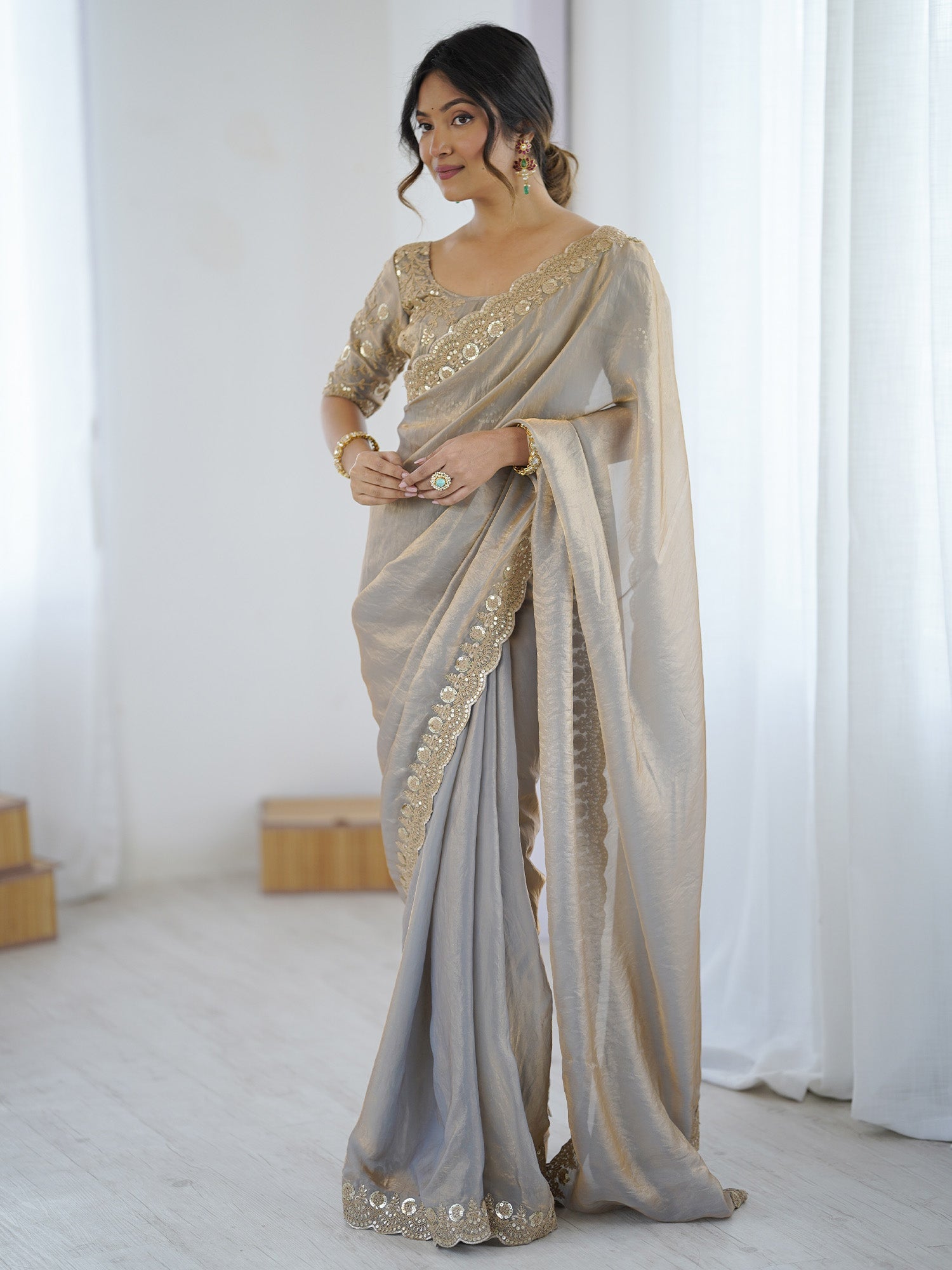 Beige Embellished Tissue Sarees - Ressa